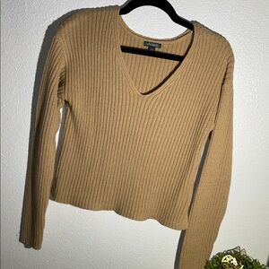 Wild Fable Ribbed V-Neck Sweater in Camel